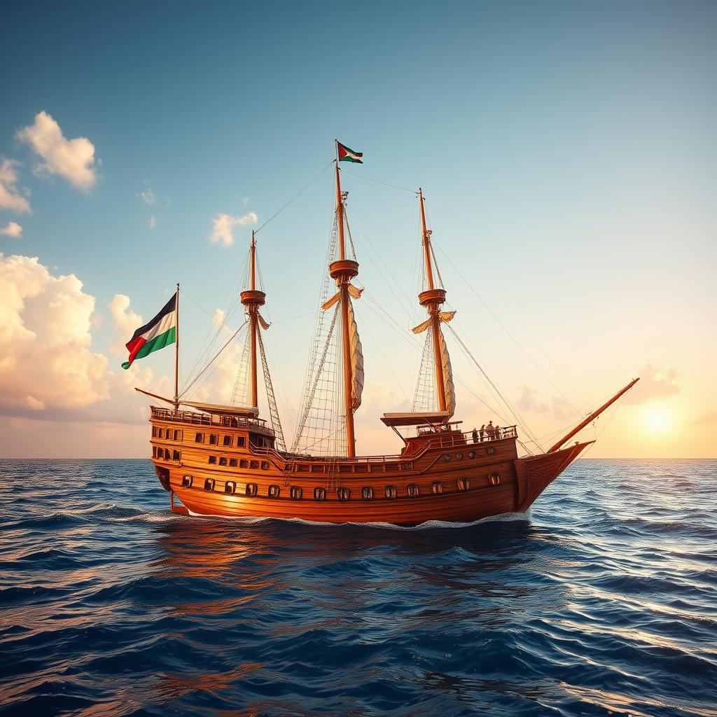 A large, majestic pirate ship sails across a beautiful, shimmering sea, with a vibrant Palestinian flag proudly displayed on its mast