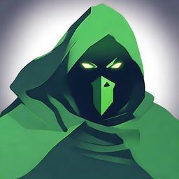 A green assassin icon, draped in a cloak of shadows, with focus on a menacing facial expression, portraying stealth and lethality.