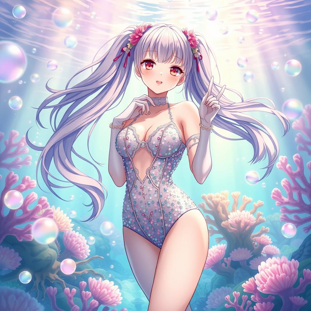 A full-body illustration of an anime girl with flowy twin-tails, styled in a shimmering sequin bodysuit that reveals her chest and is complemented with elegant gloves