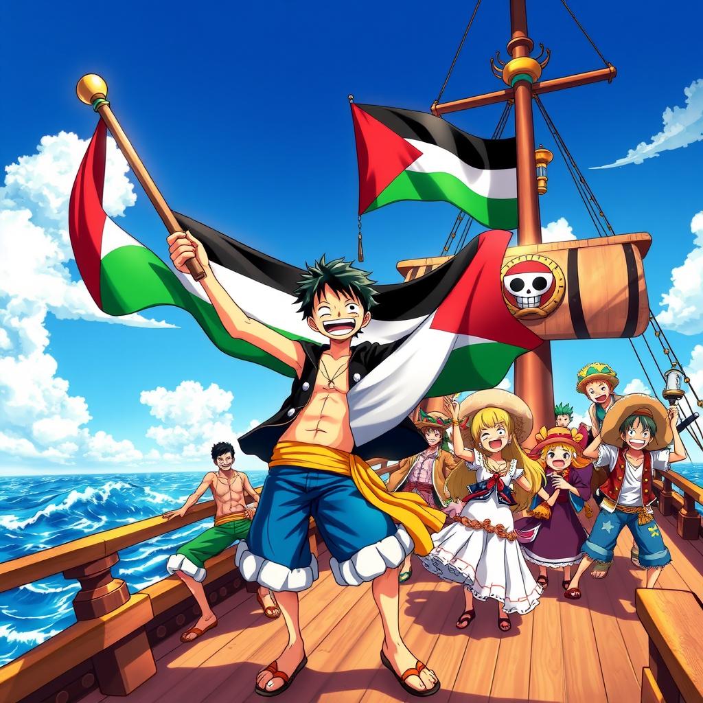 A vibrant and dynamic scene featuring the Straw Hat Pirates from One Piece, with Luffy prominently in the center, holding a Palestinian flag proudly