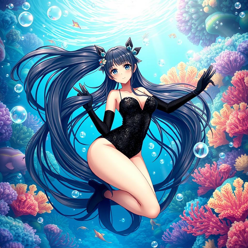 A full-body anime girl with long, flowy black twin-tails cascading down her back