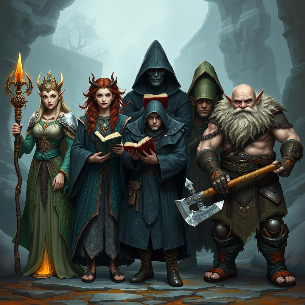 A full body shot group photo featuring six distinct Dungeons and Dragons characters in an epic fantasy setting