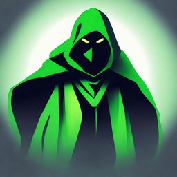 A green assassin icon, draped in a cloak of shadows, with focus on a menacing facial expression, portraying stealth and lethality.