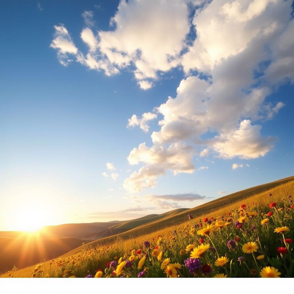 A serene landscape with rolling hills under a bright blue sky, dotted with fluffy white clouds