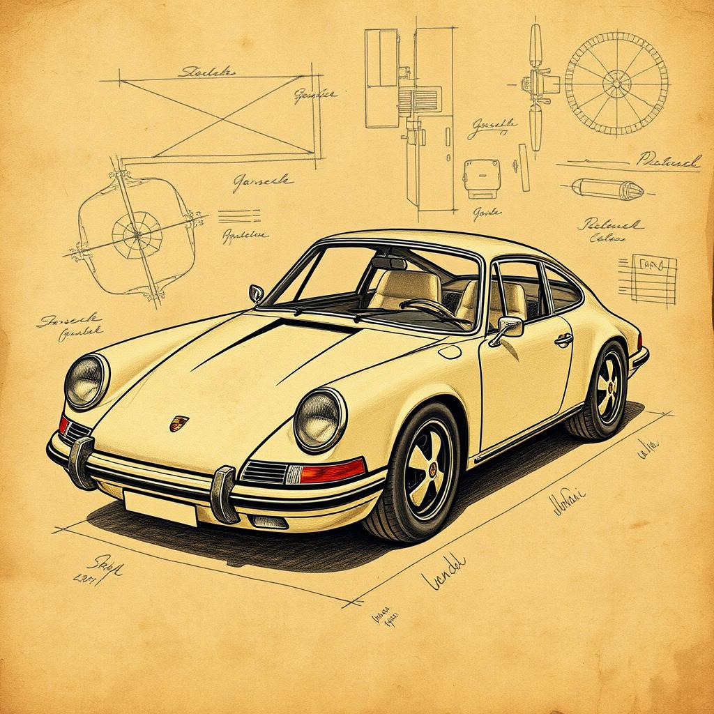 A classic Porsche 911 car rendered in the style of Leonardo Da Vinci's sketches, showcasing intricate details of the vehicle's design, with elegant curves and mechanical elements