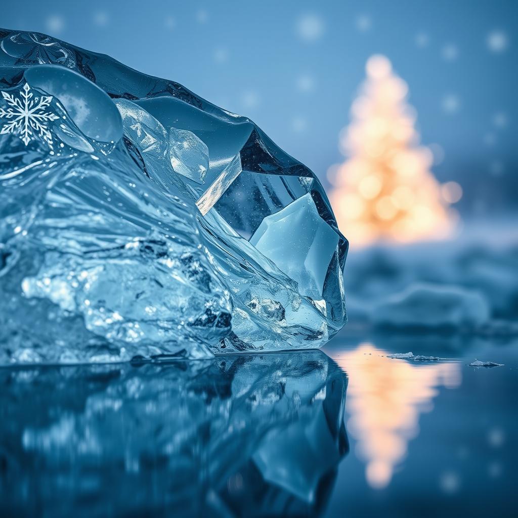 A stunning close-up of an ice sculpture resting on a reflective surface, showcasing intricate details and glistening textures