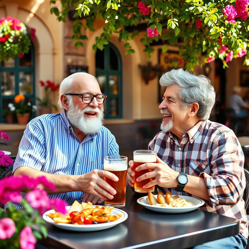 Two elderly friends joyfully sharing a cold beer at a rustic outdoor café in Spain, surrounded by vibrant flowers and warm sunlight