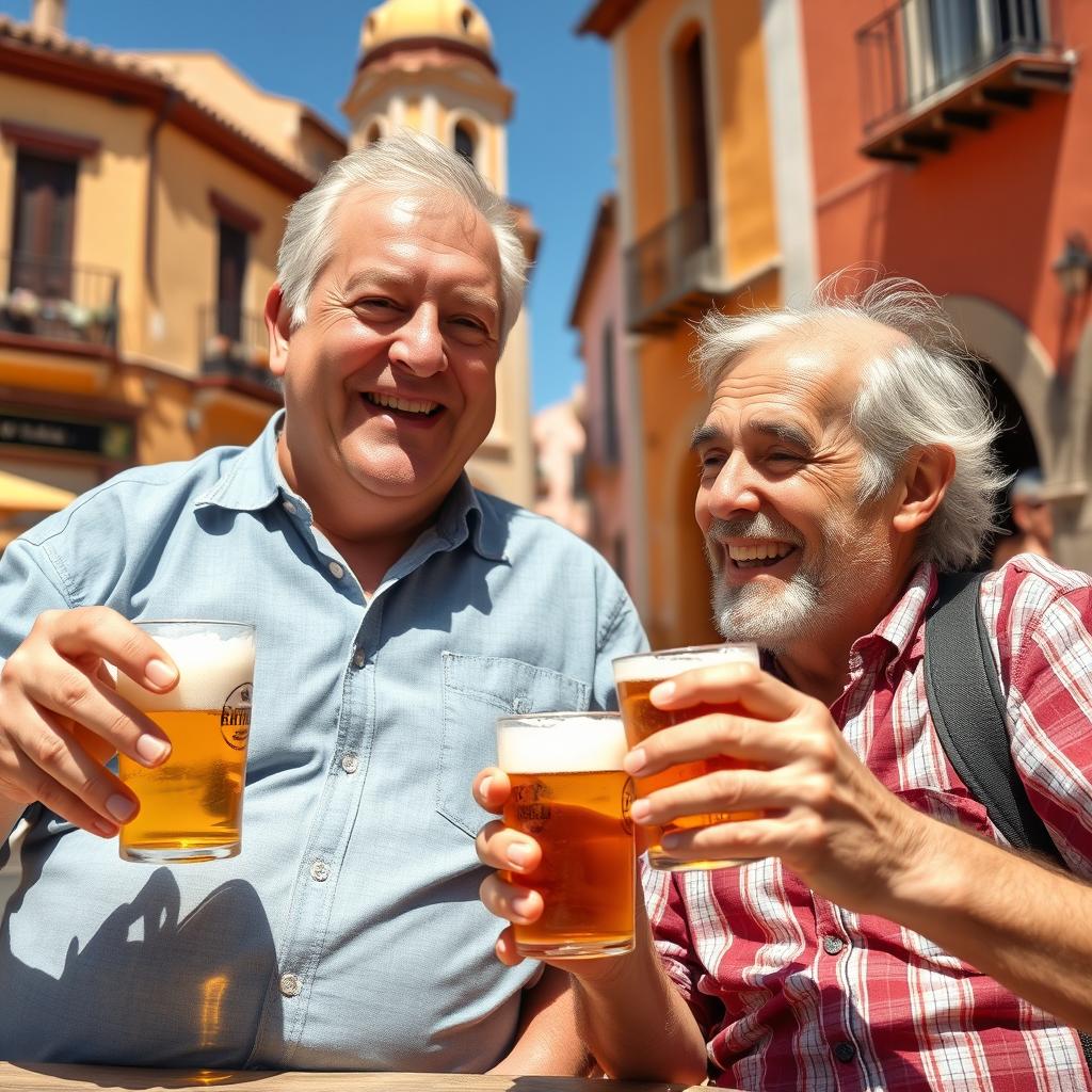 Two old friends enjoying each other's company while drinking beer in a sunny outdoor setting in Spain