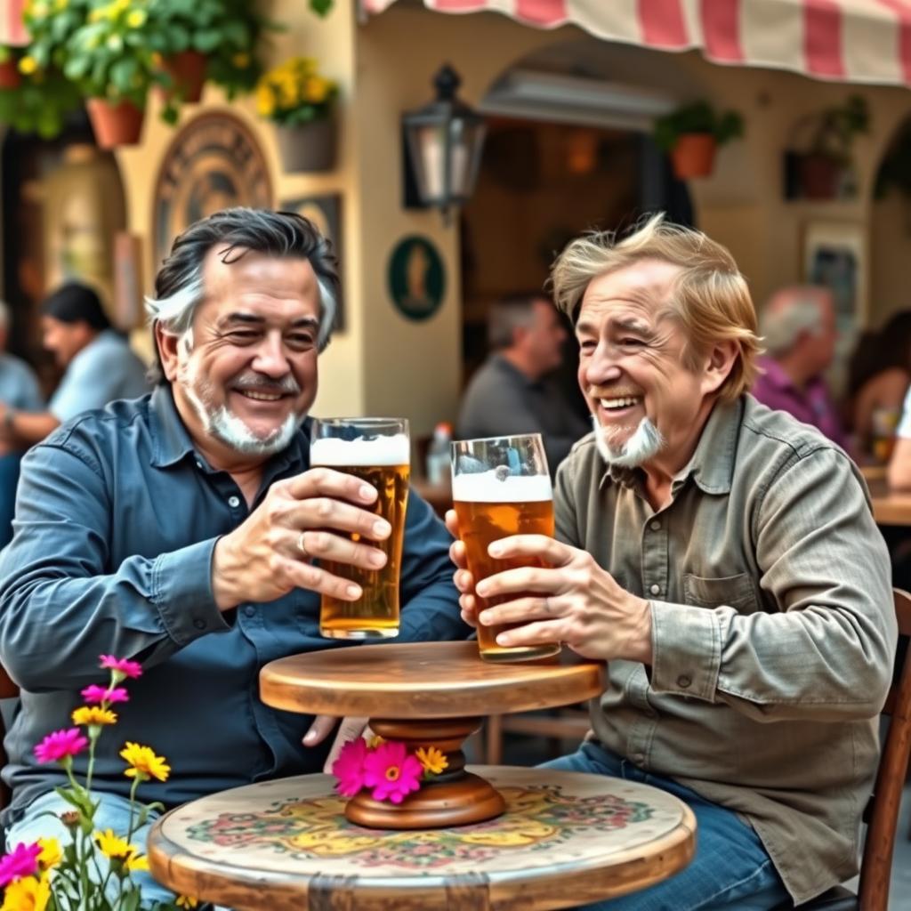 Two old friends enjoying a beer together in a vibrant Spanish outdoor café