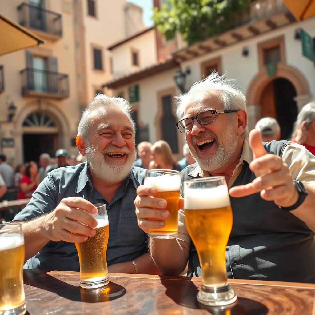 Two old friends enjoying a beer together in Spain, one friend is very tall and muscular while the other has prominent bushy eyebrows