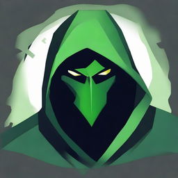 A green assassin icon, draped in a cloak of shadows, with focus on a menacing facial expression, portraying stealth and lethality.