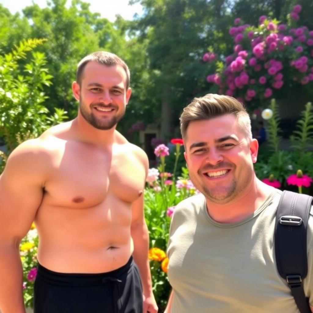 Two friends, one tall and big with a muscular build and the other shorter and stockier with thick, bushy eyebrows