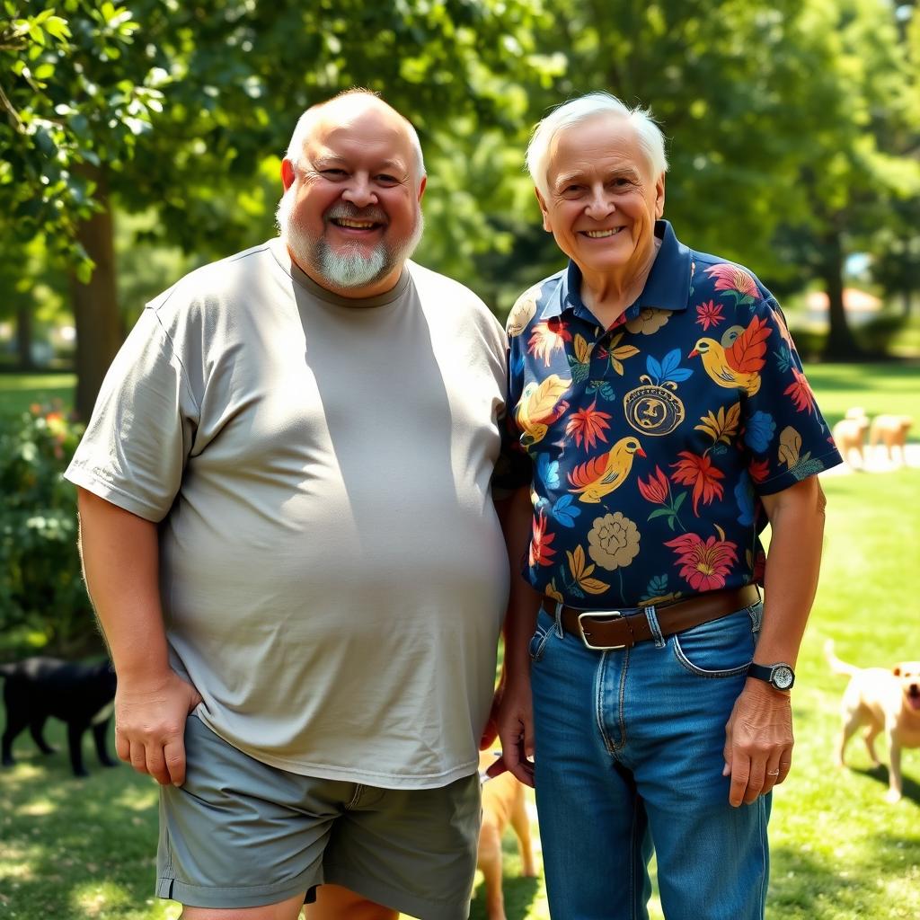 Two old friends, one tall and big with a plump physique, and the other with thick eyebrows, both clean-shaven and smiling happily together
