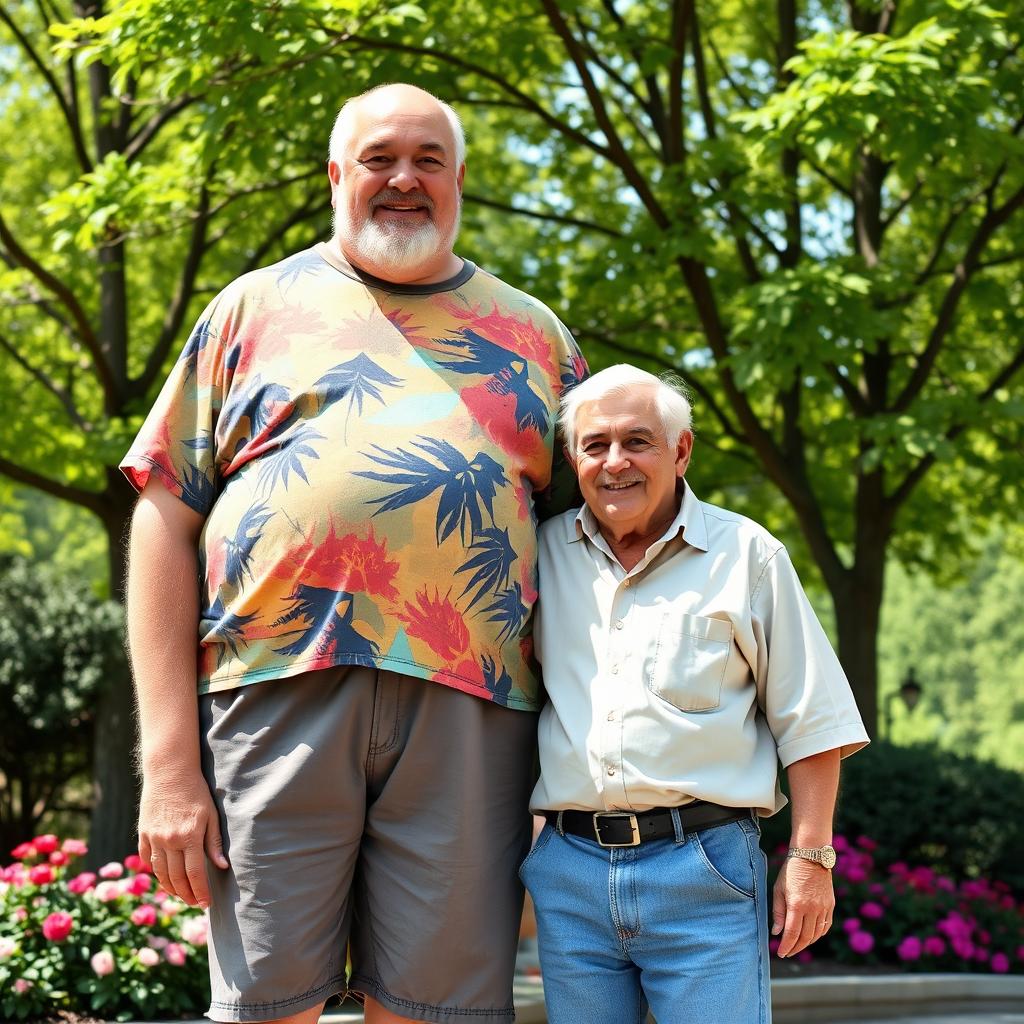 Two old friends standing together, one is very tall, large, and chubby, while the other is shorter with thick eyebrows
