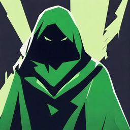 A green assassin icon, draped in a cloak of shadows, with focus on a menacing facial expression, portraying stealth and lethality.