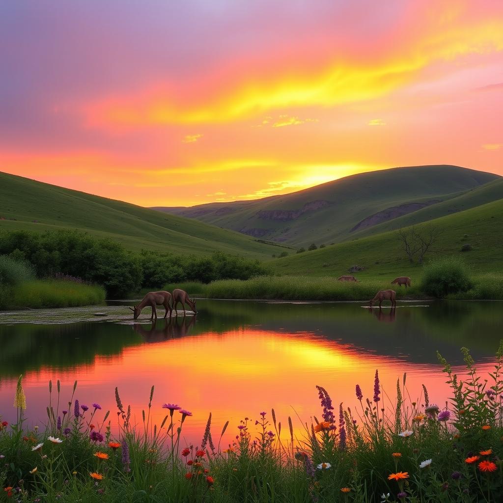 A serene and beautiful natural landscape featuring rolling hills and a vibrant sunset in the background
