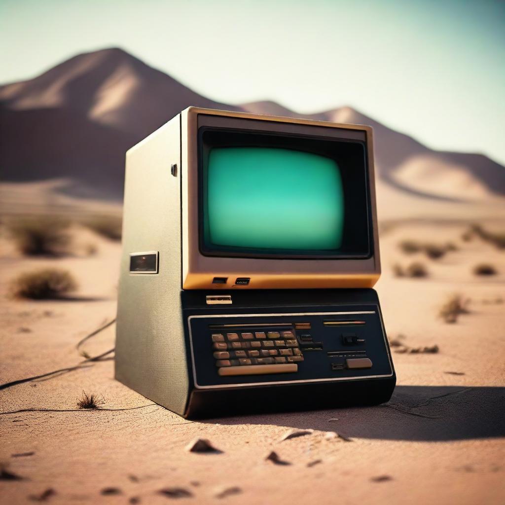 A vintage 80's computer terminal within a vast, sun-drenched desert. The scene has a cinematic, high-quality look with vibrant and moody colors.