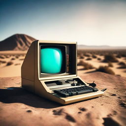 A vintage 80's computer terminal within a vast, sun-drenched desert. The scene has a cinematic, high-quality look with vibrant and moody colors.