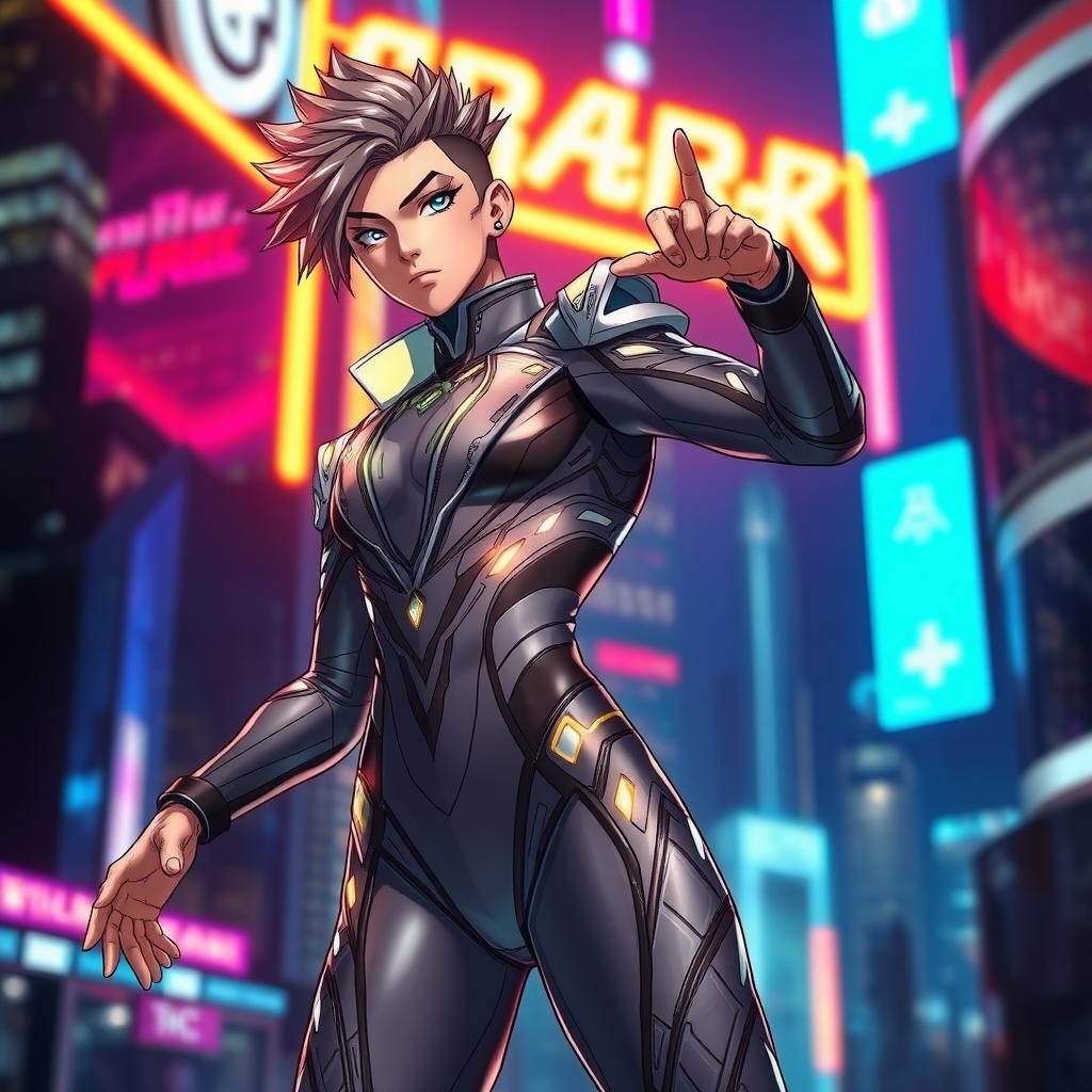 A stylish character wearing a sleek, futuristic suit that accentuates their body shape, in a dynamic pose