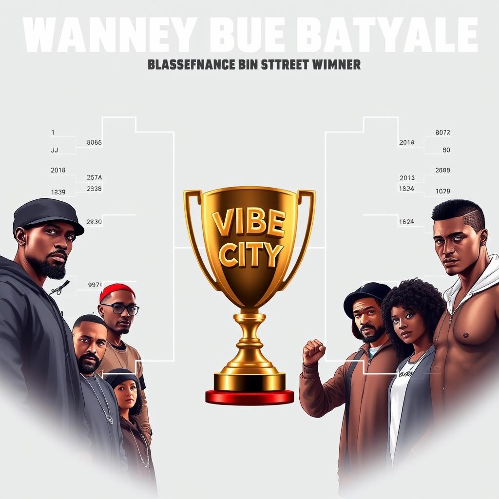 A visually striking design for a 16 team blank tournament bracket, tailored for the VIBE CITY FAMILY BATTLE ROYALE STREET FIGHT EVENT