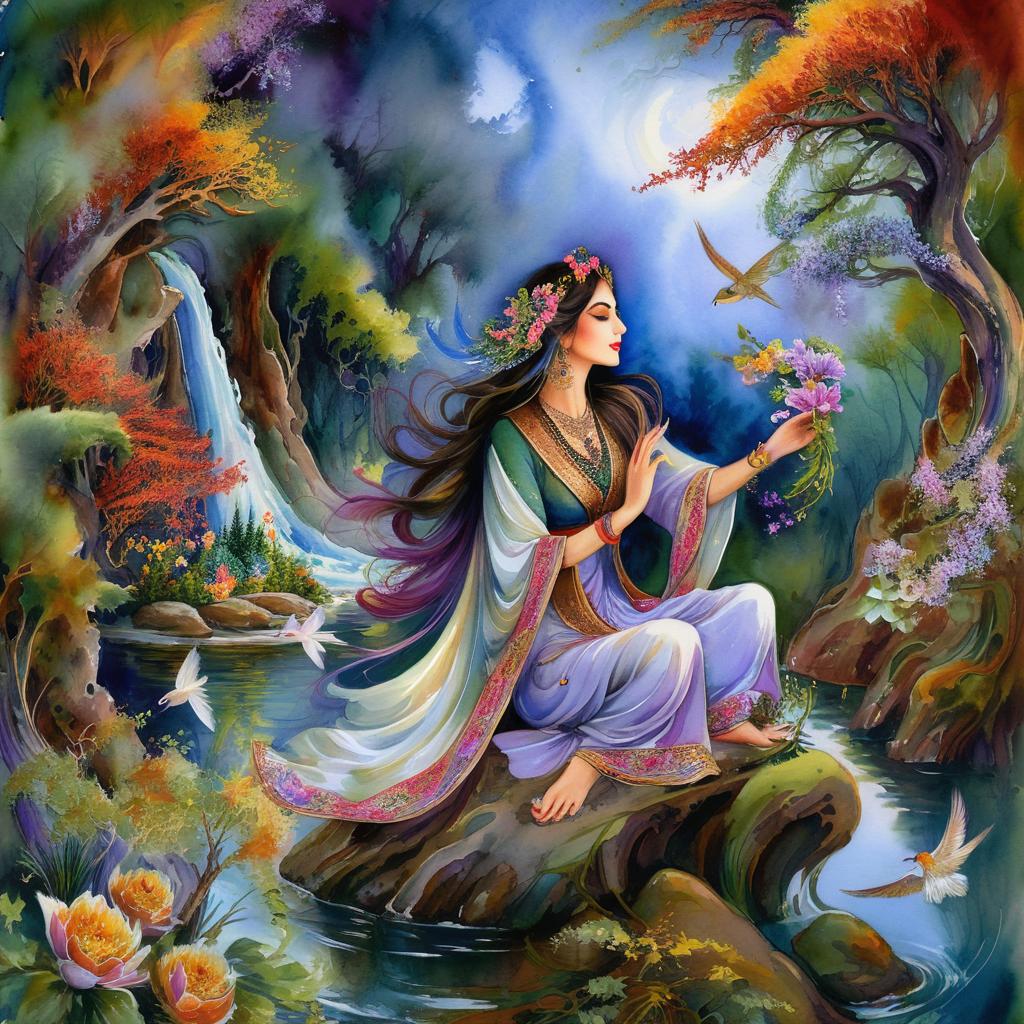 Mystical and spiritual watercolor painting of a beautiful Iranian woman sitting on a rock on a beautiful and peaceful pond in a dense forest with cypress trees, plane trees, grapevines, winding bonsai trees, and a whirlwind of colorful flowers and beautiful.
