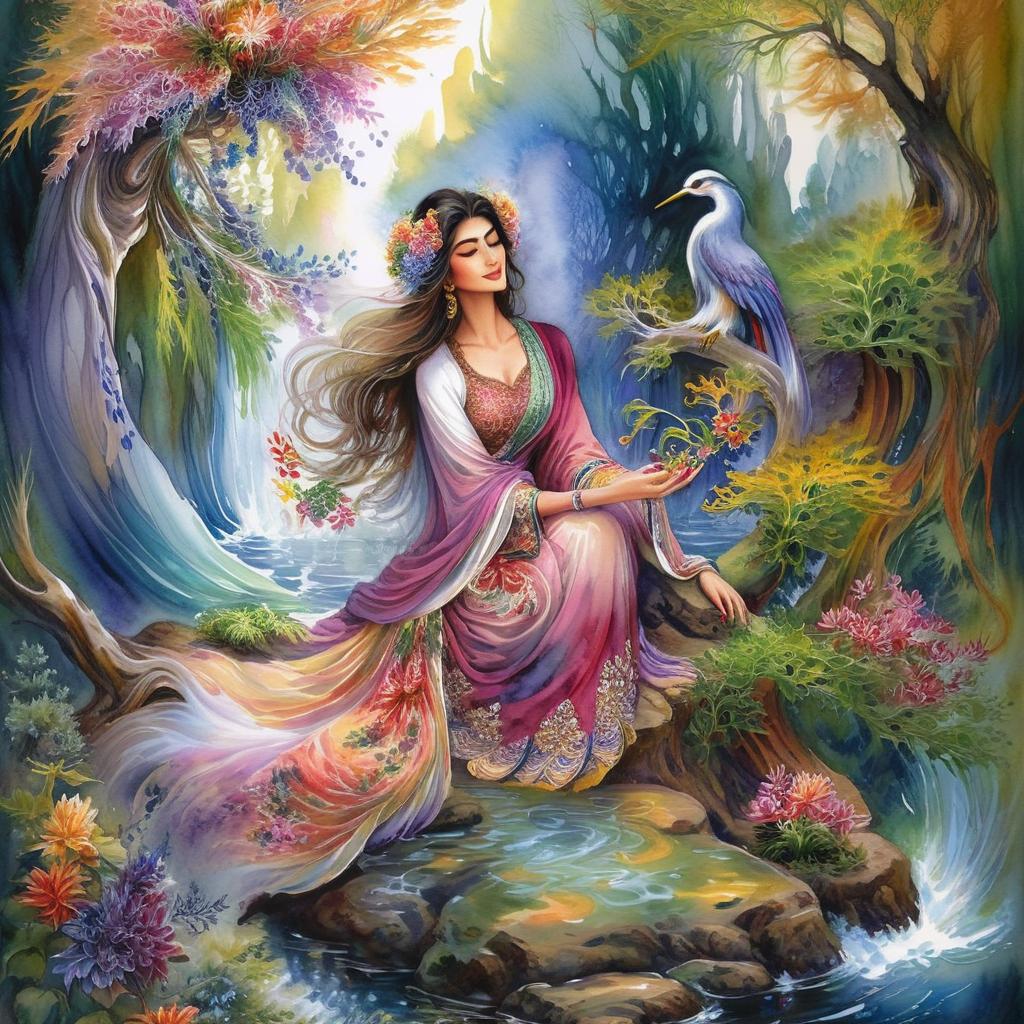 Mystical and spiritual watercolor painting of a beautiful Iranian woman sitting on a rock on a beautiful and peaceful pond in a dense forest with cypress trees, plane trees, grapevines, winding bonsai trees, and a whirlwind of colorful flowers and beautiful.