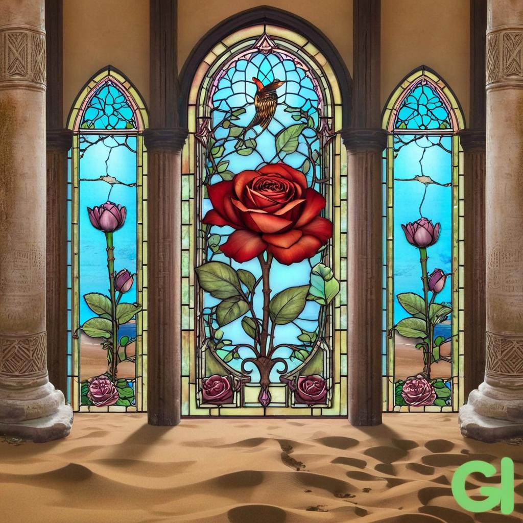 Room with pillars and sand with garden and stained glass windows on the floor.