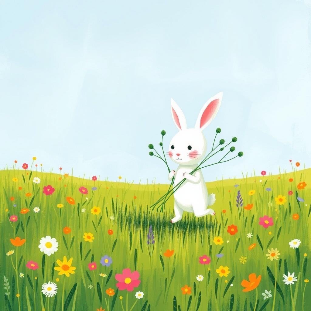 In springtime, a small white rabbit holding several young saplings is walking across a vibrant green meadow, illustrated in the whimsical style of Jon Klassen