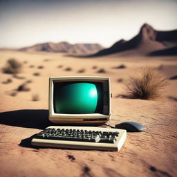 A vintage 80's computer terminal within a vast, sun-drenched desert. The scene has a cinematic, high-quality look with vibrant and moody colors.