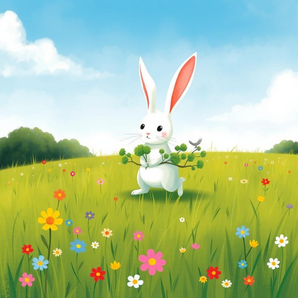 In springtime, a small white rabbit holds several tiny trees as it walks across a lush green meadow, illustrated in the whimsical style of Jon Klassen