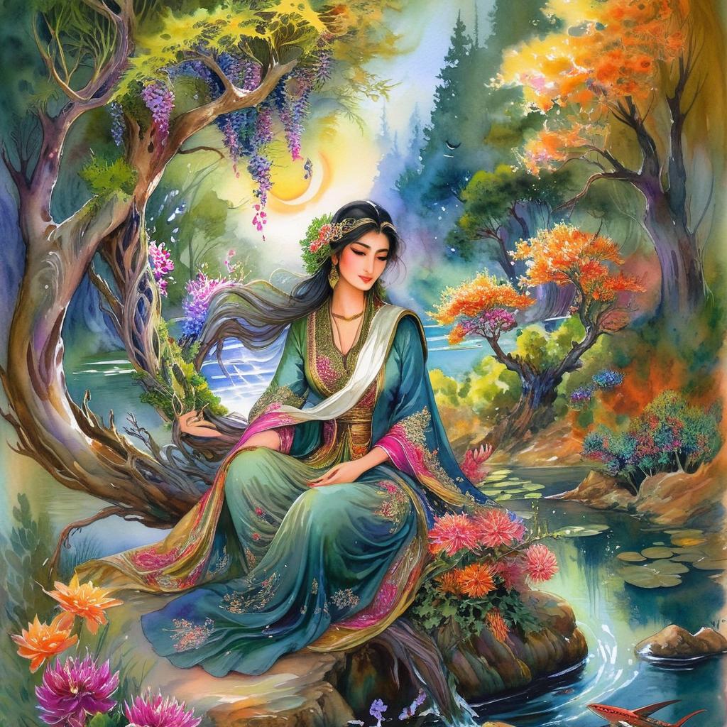 Mystical and spiritual watercolor painting of a beautiful Iranian woman sitting on a rock on a beautiful and peaceful pond in a dense forest with cypress trees, plane trees, grapevines, winding bonsai trees, and a whirlwind of colorful flowers and beautiful.