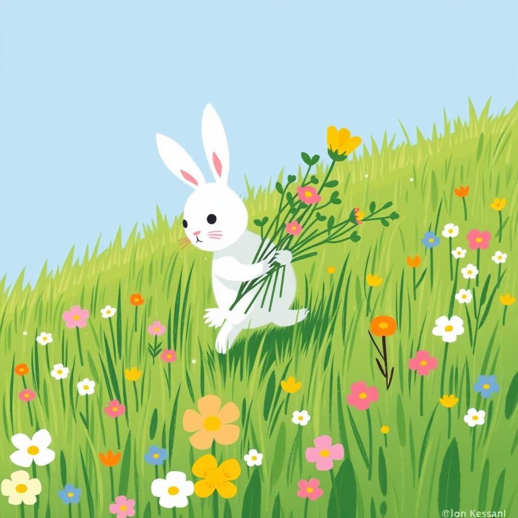 In springtime, a small white rabbit cradles several young saplings as it strolls across a bright green meadow, illustrated in the whimsical style of Jon Klassen