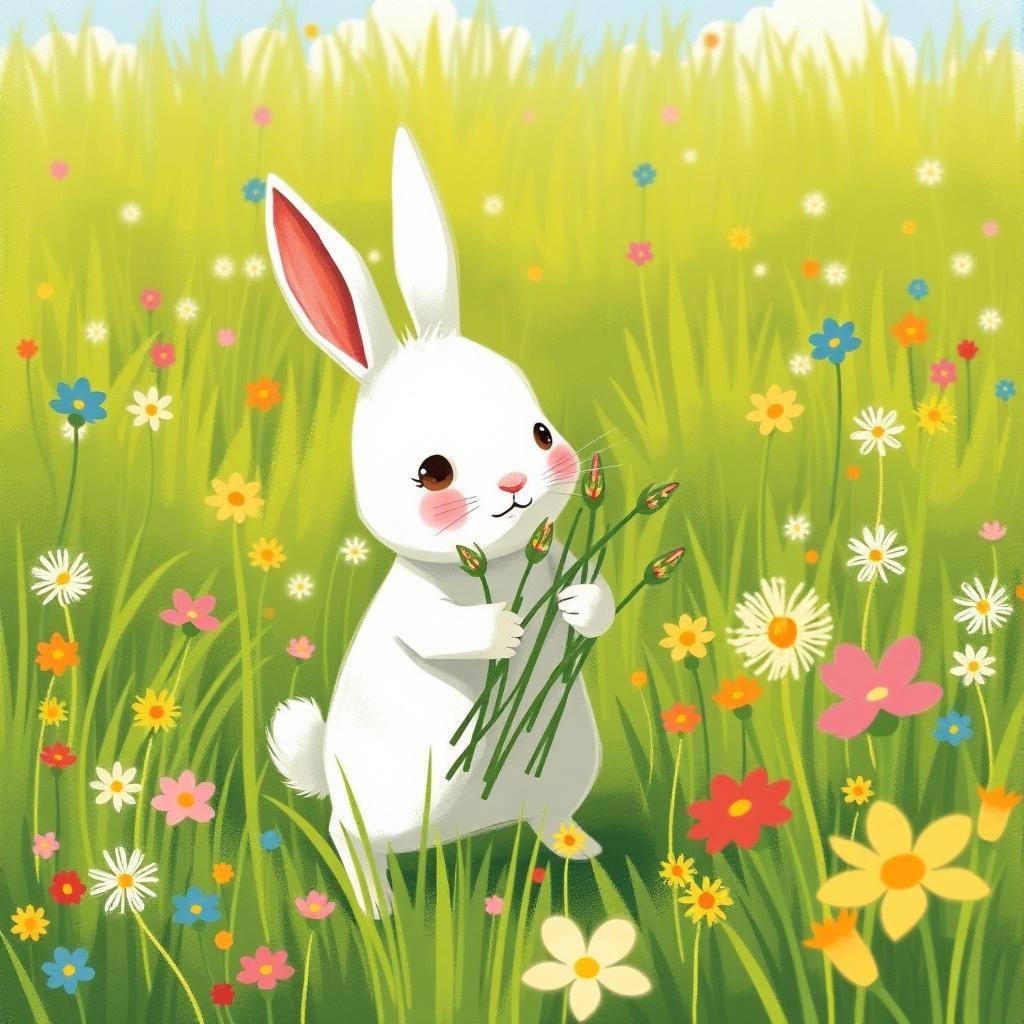 In springtime, a small white rabbit gently cradles several young saplings as it walks through a vibrant green meadow, illustrated in the charming and whimsical style of Jon Klassen