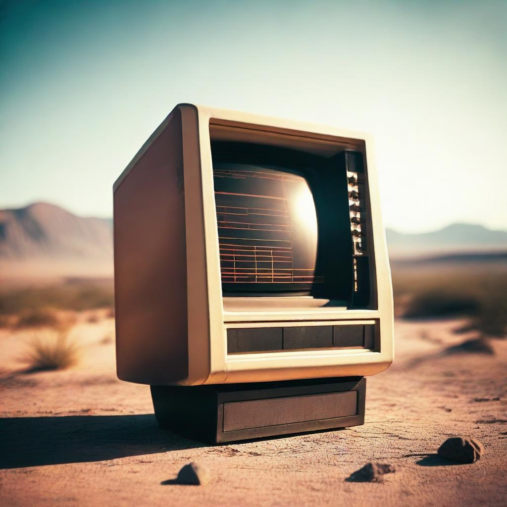 A vintage 80's computer terminal within a vast, sun-drenched desert. The scene has a cinematic, high-quality look with vibrant and moody colors.