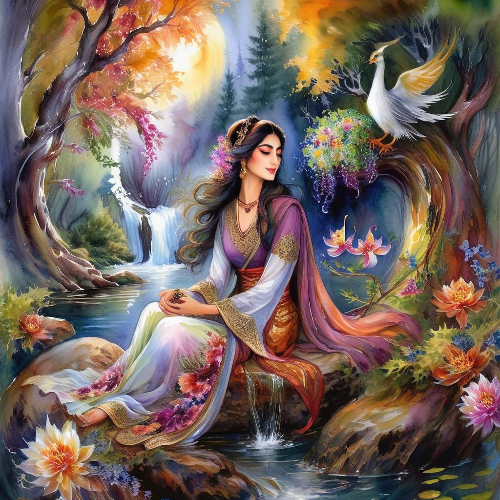 Mystical and spiritual watercolor painting of a beautiful Iranian woman sitting on a rock on a beautiful and peaceful pond in a dense forest with cypress trees, plane trees, grapevines, winding bonsai trees, and a whirlwind of colorful flowers and beautiful.