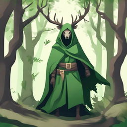 An icon of a green assassin, shrouded in a deer mantle, blending with nature with a Demonstration of purposeful stealth and agility.