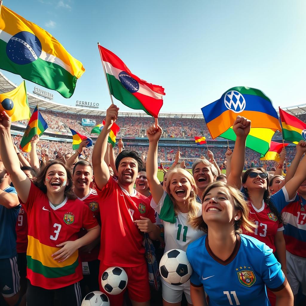 A lively and festive scene celebrating the World Cup, featuring excited fans wearing colorful jerseys and waving flags of their favorite teams