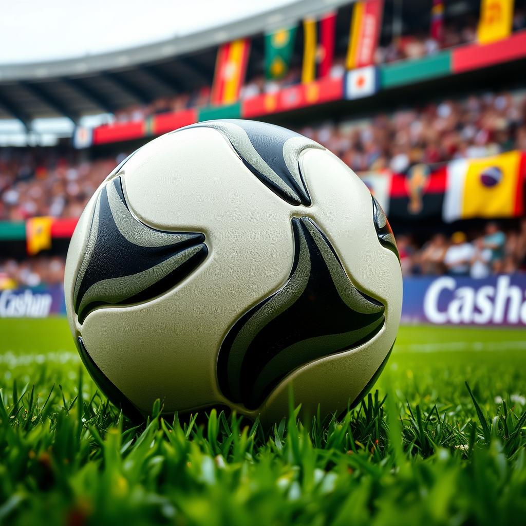 A close-up view of a World Cup soccer ball on a vibrant green grass field, showcasing the ball's intricate design with its iconic black and white patterns, reflecting light beautifully