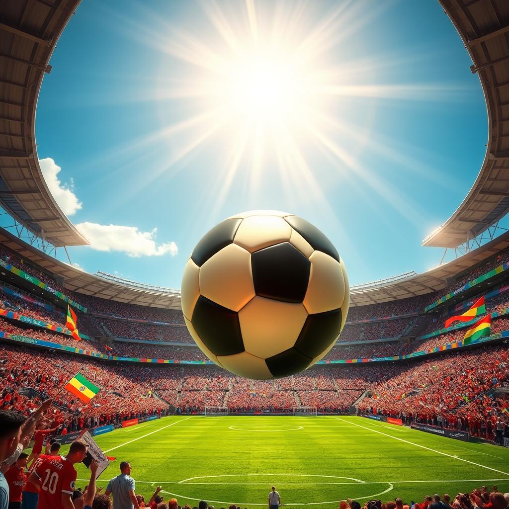 A vibrant and energetic scene at a World Cup stadium, showcasing a large, beautifully designed soccer ball prominently in the center