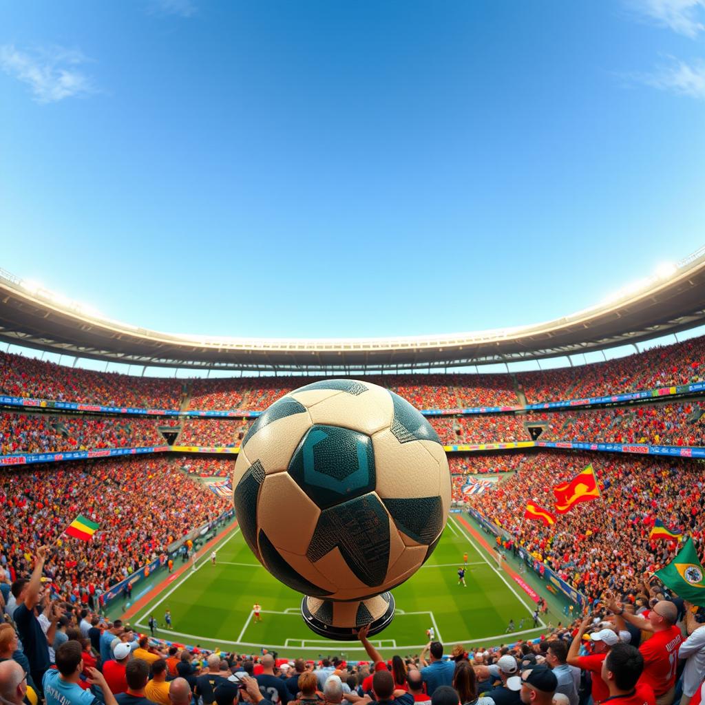 A vibrant and energetic scene of a World Cup stadium filled with enthusiastic fans, all cheering and waving flags