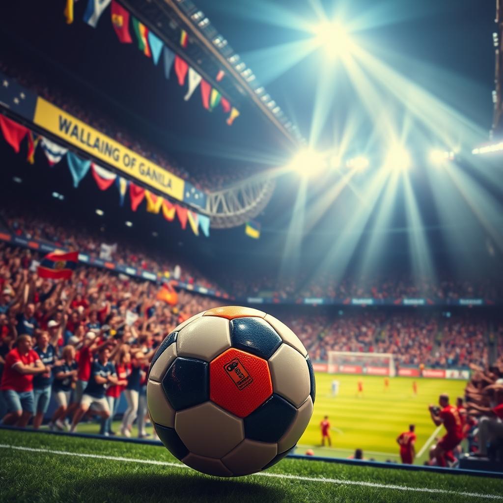 A vibrant and dynamic scene depicting a World Cup stadium filled with cheering fans, showcasing a prominently featured World Cup ball in the foreground