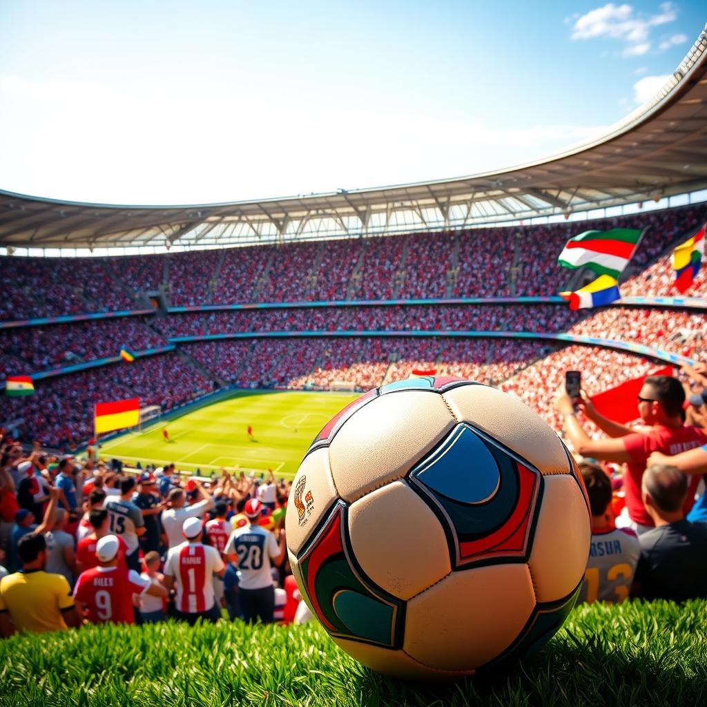 A dynamic scene capturing a vibrant World Cup stadium filled with cheering fans, colorful flags waving, and the iconic World Cup soccer ball prominently displayed in the foreground