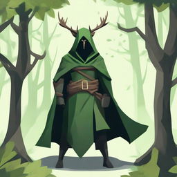 An icon of a green assassin, shrouded in a deer mantle, blending with nature with a Demonstration of purposeful stealth and agility.