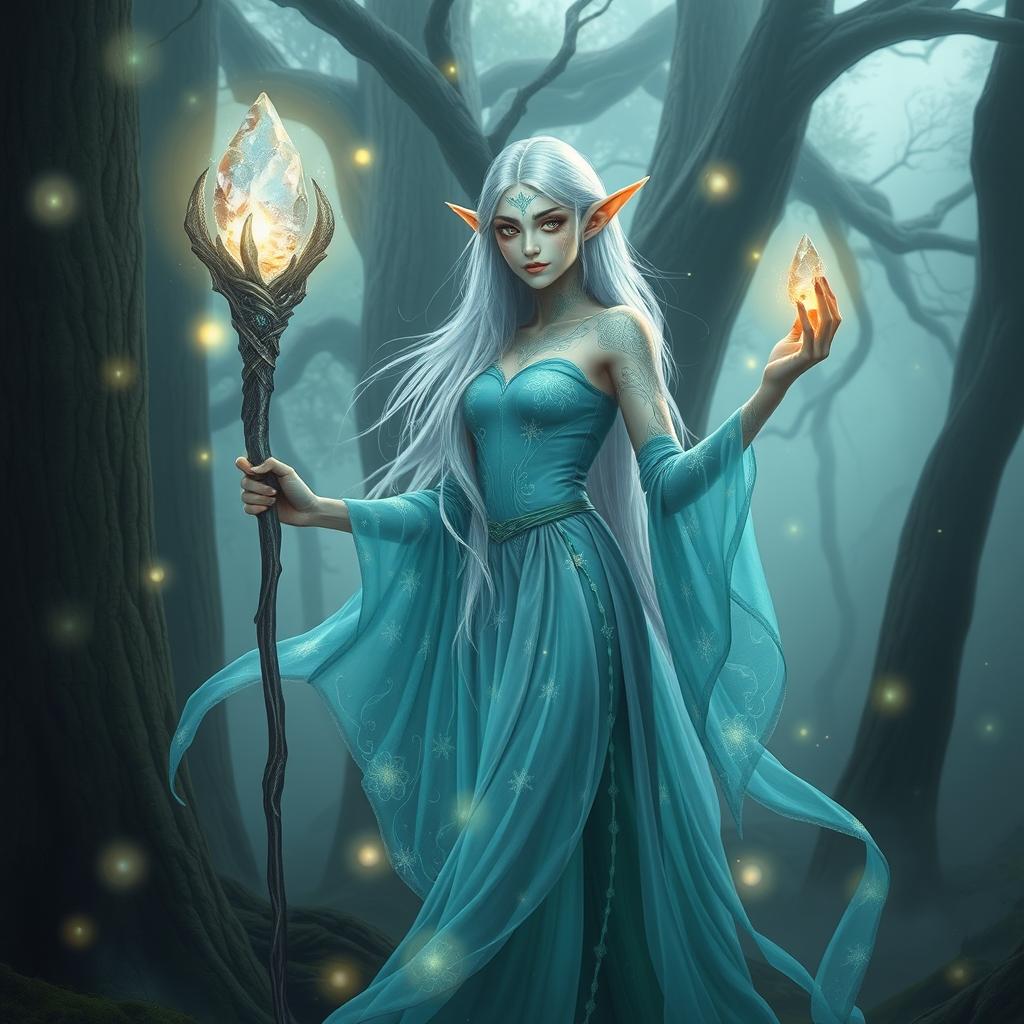 An ethereal aether sage elf woman standing in a mystical forest, surrounded by glowing magical orbs and sparkling lights