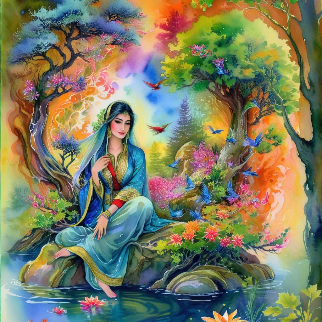 Mystical and spiritual watercolor painting of a beautiful Iranian woman sitting on a rock on a beautiful and peaceful pond in a dense forest with cypress trees, plane trees, grapevines, winding bonsai trees, and a whirlwind of colorful flowers and beautiful.