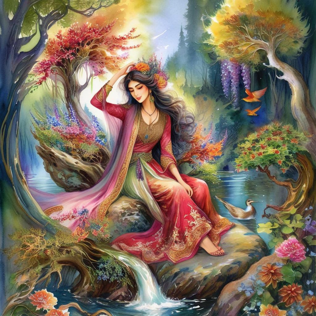 Mystical and spiritual watercolor painting of a beautiful Iranian woman sitting on a rock on a beautiful and peaceful pond in a dense forest with cypress trees, plane trees, grapevines, winding bonsai trees, and a whirlwind of colorful flowers and beautiful.