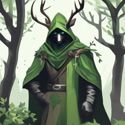 An icon of a green assassin, shrouded in a deer mantle, blending with nature with a Demonstration of purposeful stealth and agility.