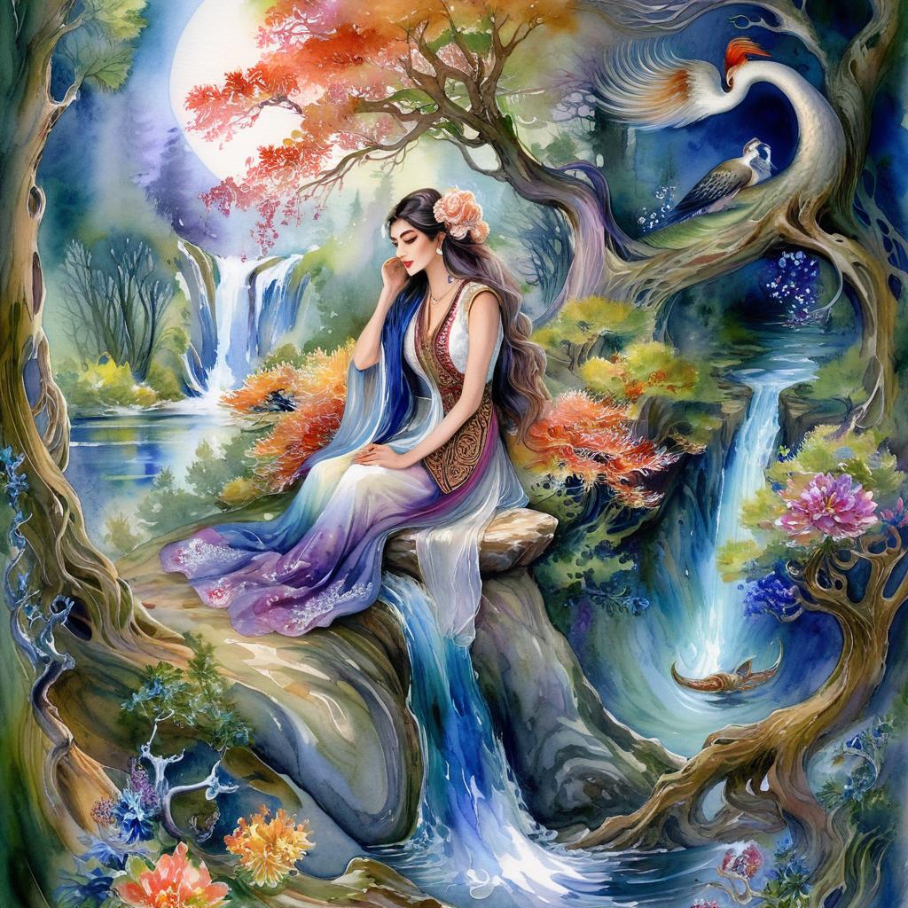 Mystical and spiritual watercolor painting of a beautiful Iranian woman sitting on a rock on a beautiful and peaceful pond in a dense forest with cypress trees, plane trees, grapevines, winding bonsai trees, and a whirlwind of colorful flowers and beautiful.
