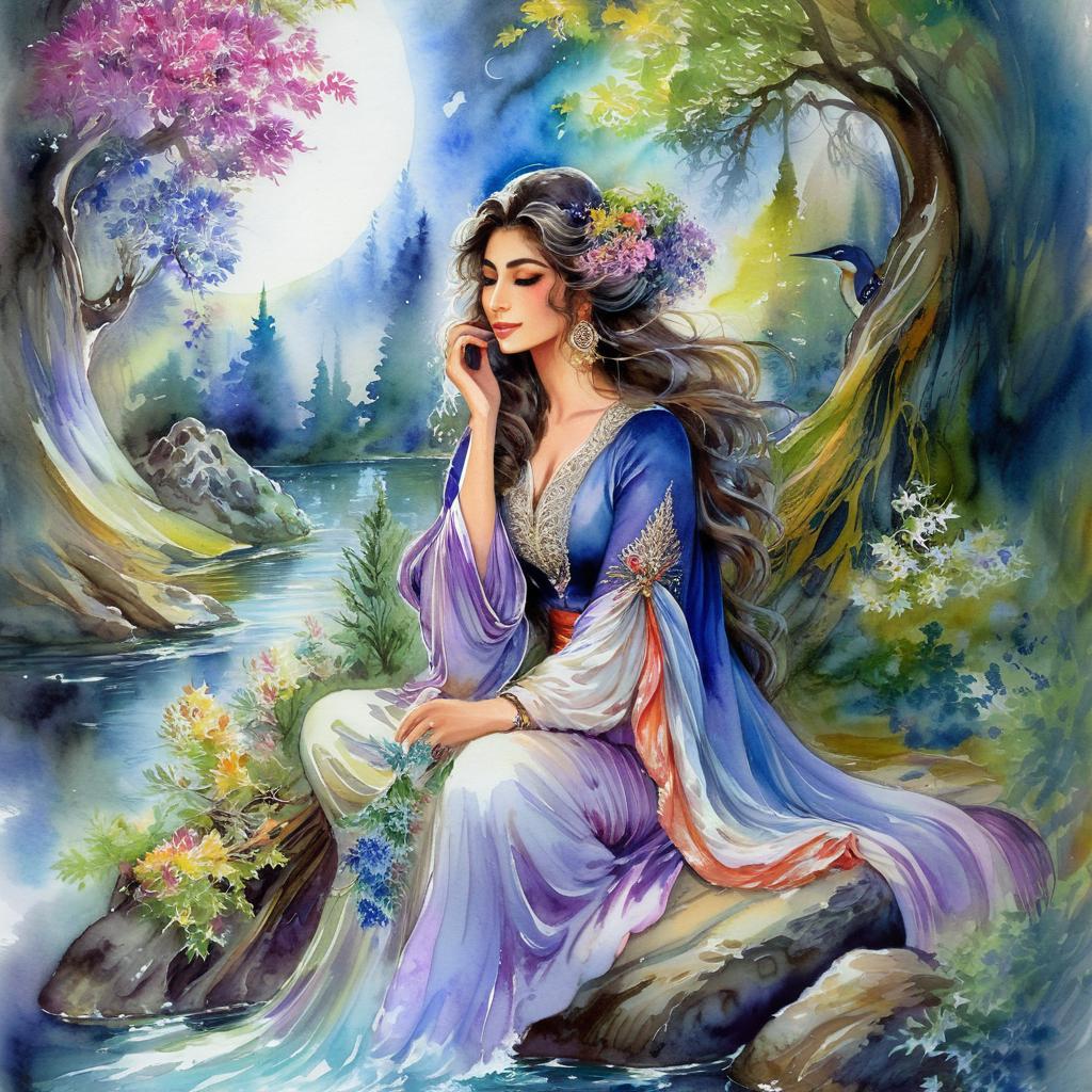 Mystical and spiritual watercolor painting of a beautiful Iranian woman sitting on a rock on a beautiful and peaceful pond in a dense forest with cypress trees, plane trees, grapevines, winding bonsai trees, and a whirlwind of colorful flowers and beautiful.