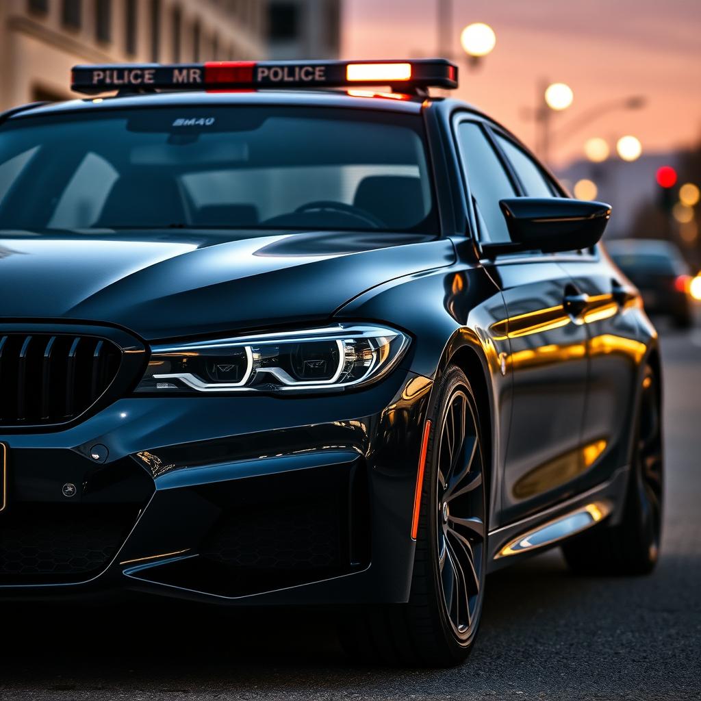 An unmarked BMW M340i styled as a police car, featuring a sleek black exterior with subtle police insignia and integrated emergency lights